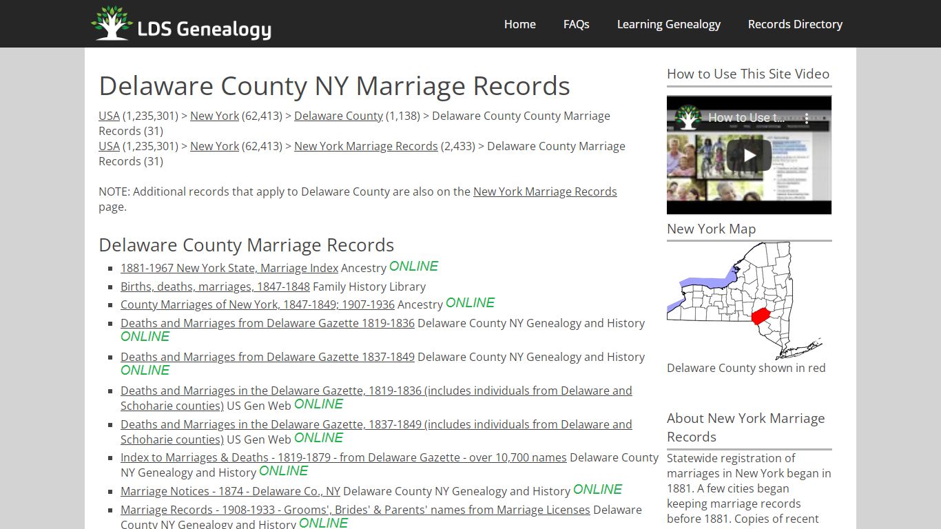 Delaware County NY Marriage Records - LDS Genealogy