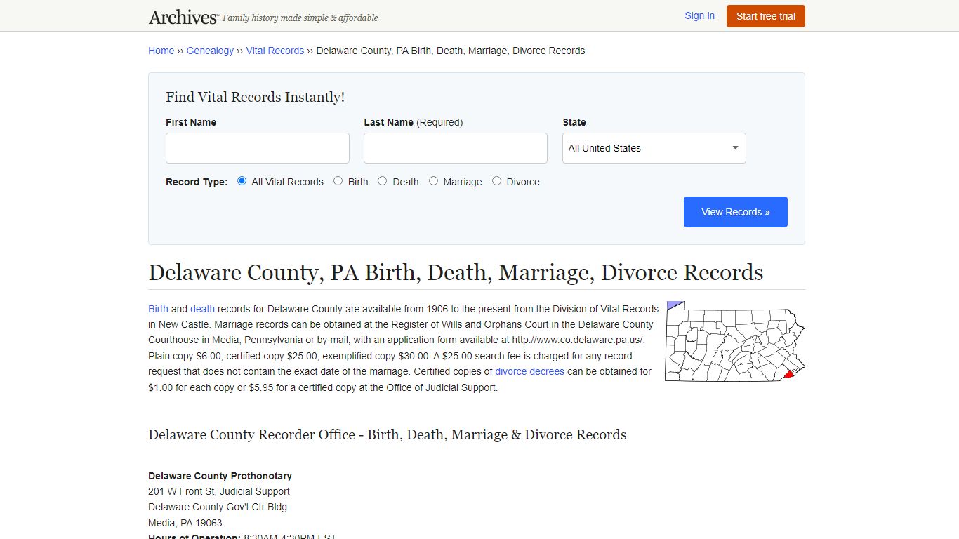 Delaware County, PA Birth, Death, Marriage, Divorce Records